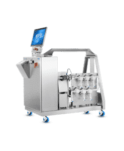 Mobile MOTIV® Single-Use Inline Buffer Formulation System featuring a stainless-steel control cabinet with touchscreen HMI, single-use flow path components, integrated pumps and valves, and a compact wheeled frame designed for flexible, GMP-compliant buffer preparation.