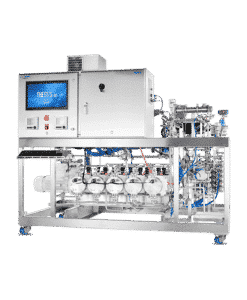 THESYS® oligosynthesizer system with integrated fluid management components, including pumps, valves, tubing, sensors, and a touchscreen control panel mounted on a stainless-steel frame.