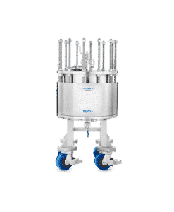 Stainless steel THESYS® SCS Column on a mobile frame with blue casters, featuring vertical tie rods, sanitary fittings, and a compact cylindrical vessel for downstream purification processes.